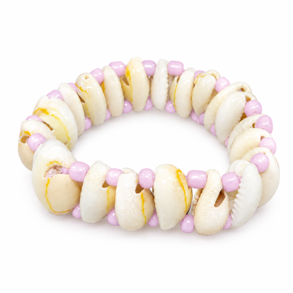 Cowrie White Shell Bracelet with Pastel Lavender Pink Beads