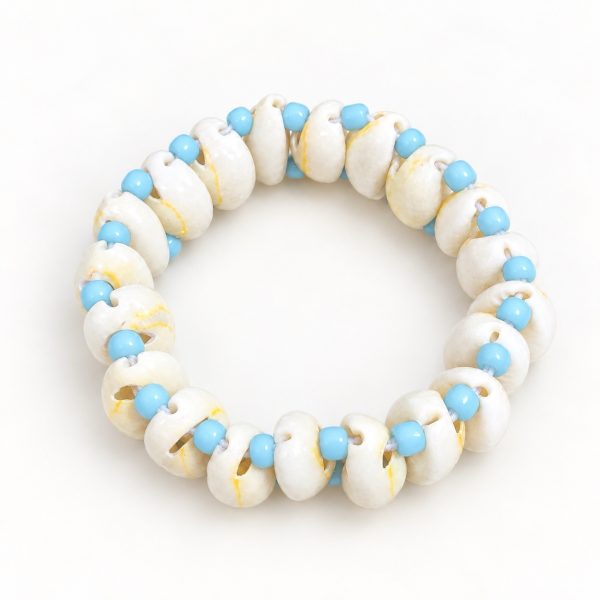 Cowrie White Shell Bracelet with Sky Blue Beads