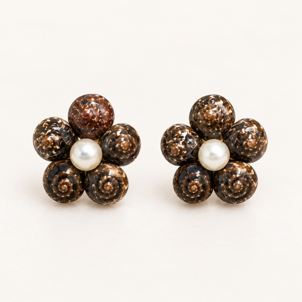 Floral Brown Shell Stud Earrings with white middle pearls